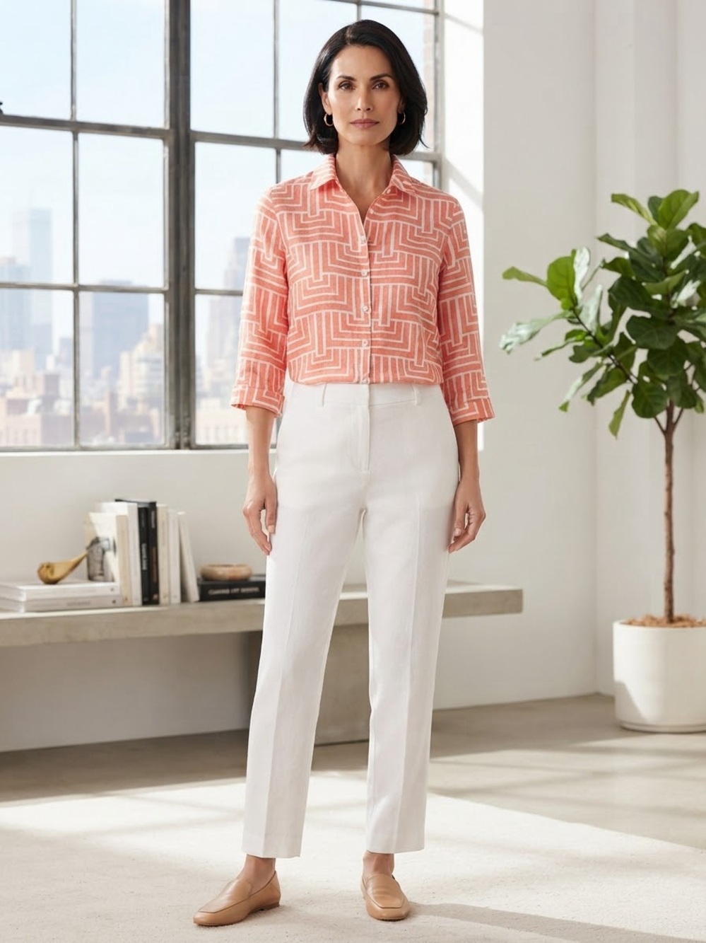 Chico's Coral Pink Geometric Button-Front Blouse